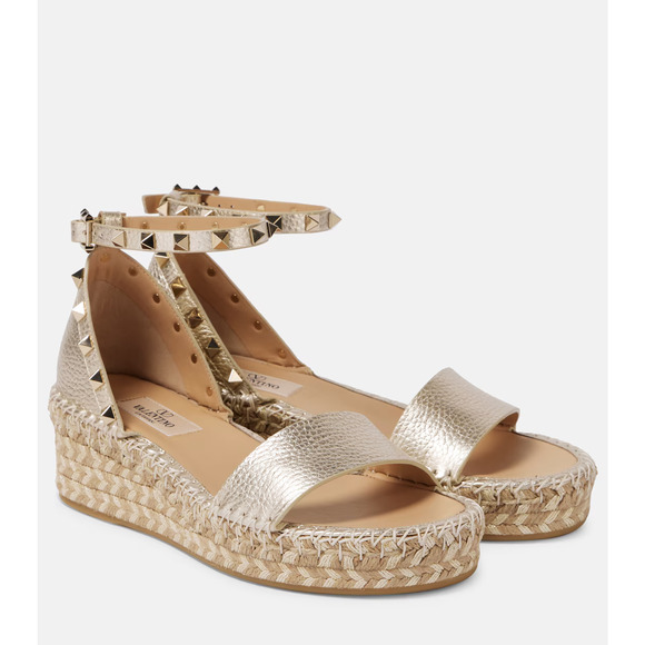 Valentino Rockstud Metallic Leather Platform Espadrille Sandals Gold Women EU 39